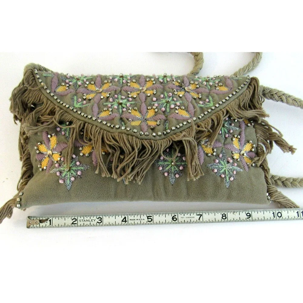 Embroidered And Beaded Tan Crossbody Bag Fringe Made in India 70's Inspired Boho - Picture 6 of 10